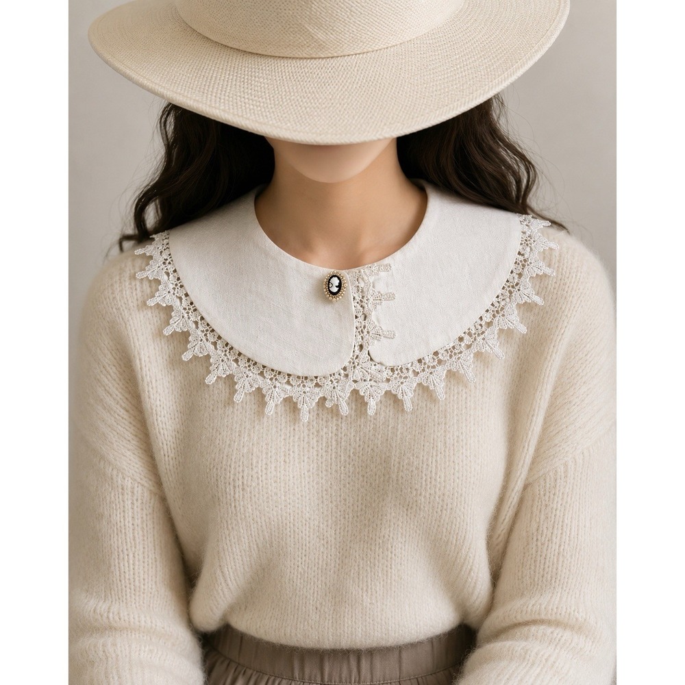 OOAK Handmade White Lace Detachable Collar Cameo Button Cottagecore Victorian
